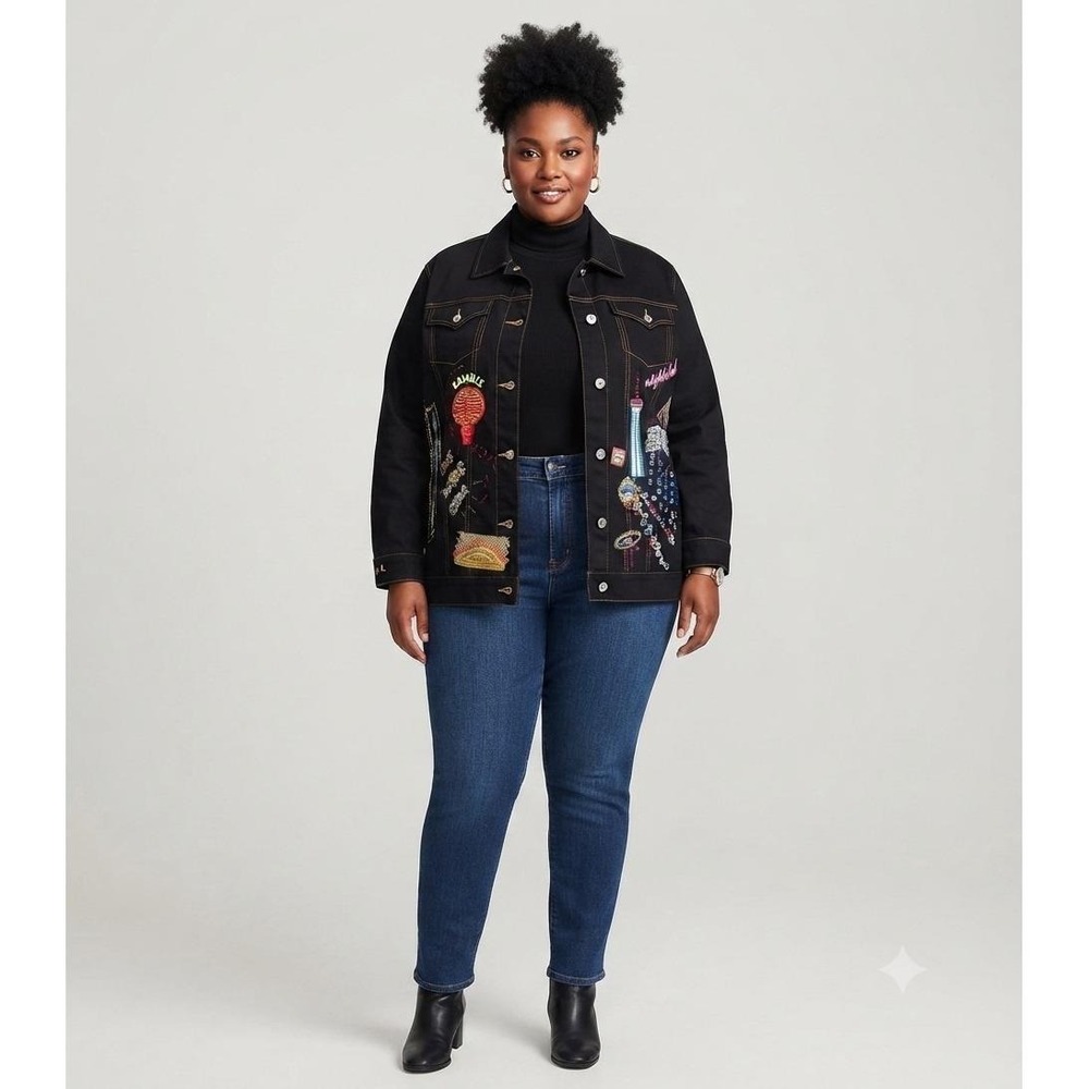 Diane's Essentials Black Novelty Las Vegas Gambling Sequin Beaded Jean Jacket 1X